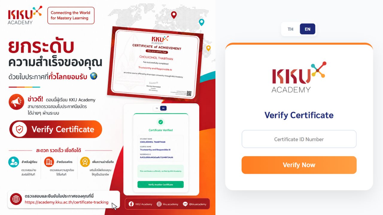 ข่าวดี! KKU Academy เปิดให้ใช้ระบบ “ตรวจสอบใบประกาศนียบัตร” ยืนยันความสำเร็จของคุณได้ง่ายๆ ในไม่กี่คลิก